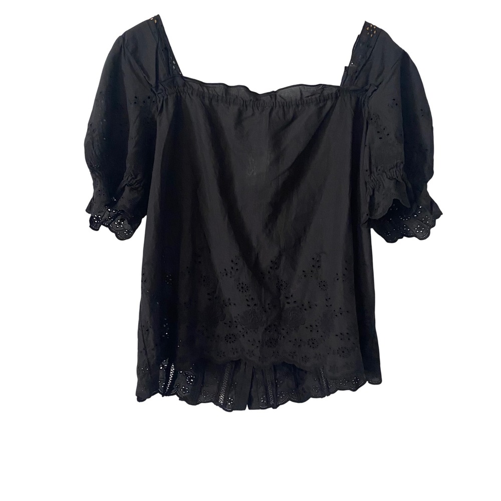 Anthropologie Sz Lg Coquette Black Eyelet Cotton Button Front Puff Sleeve Blouse - Picture 2 of 11
